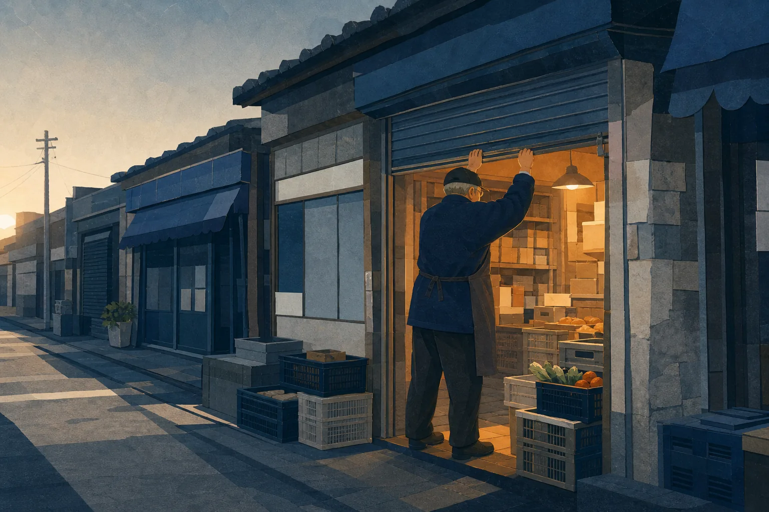 이른 아침 오래된 동네 가게의 셔터를 올리는 상인을 표현한 일러스트